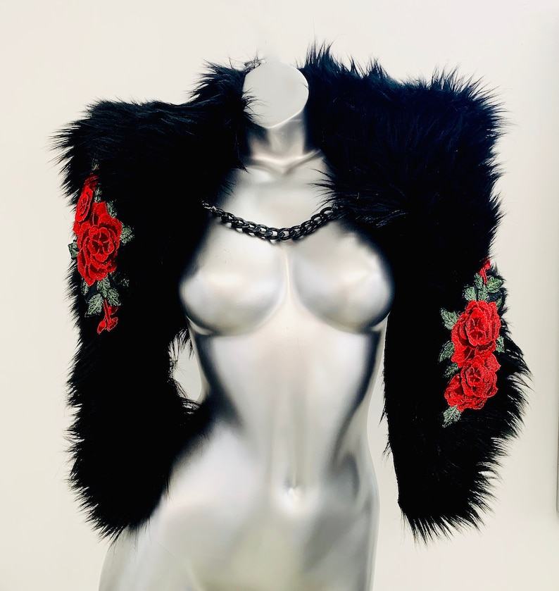 Black with Red Roses Unreal Faux Fur Shrug with Red Rose Floral Appliques