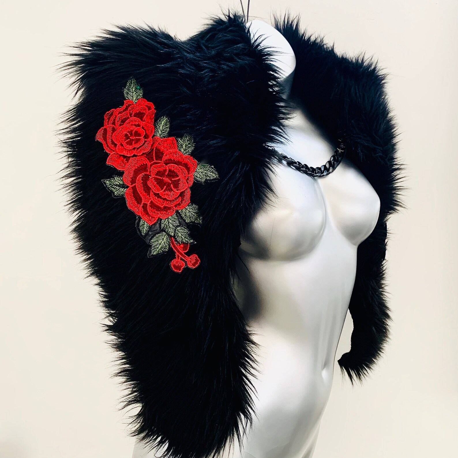 Black with Red Roses Unreal Faux Fur Shrug with Red Rose Floral Appliques