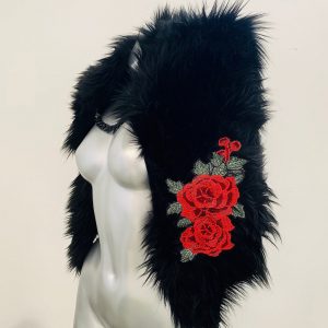 Black with Red Roses Unreal Faux Fur Shrug with Red Rose Floral Appliques
