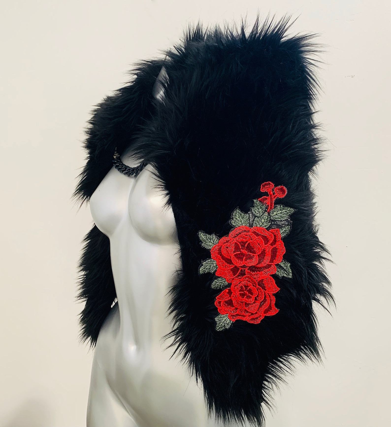 Black with Red Roses Unreal Faux Fur Shrug with Red Rose Floral Appliques - Image 3