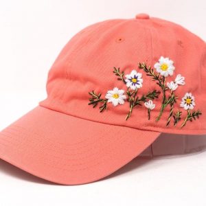 Blossom Beauty Hand-Embroidered Floral Washed Pink Baseball Cap for Women – Vintage Garden Blooms