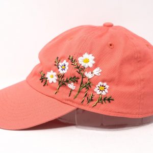 Blossom Beauty Hand-Embroidered Floral Washed Pink Baseball Cap for Women – Vintage Garden Blooms