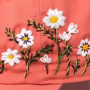 Blossom Beauty Hand-Embroidered Floral Washed Pink Baseball Cap for Women – Vintage Garden Blooms