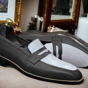 Blue & White Alligator Print Leather Loafers – Handmade Men’s Dress Shoes