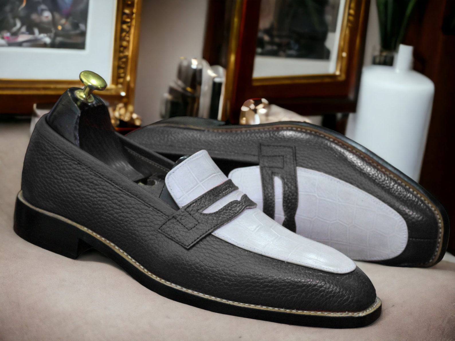 Blue & White Alligator Print Leather Loafers – Handmade Men’s Dress Shoes - Image 4