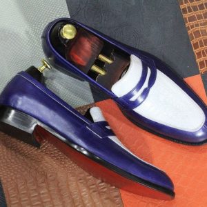 Blue & White Alligator Print Leather Loafers – Handmade Men’s Dress Shoes