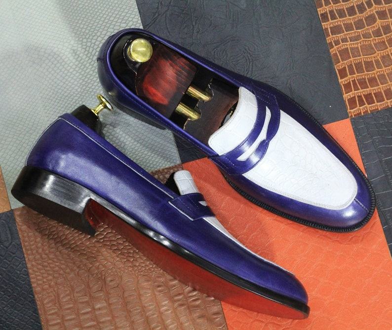 Blue & White Alligator Print Leather Loafers – Handmade Men’s Dress Shoes