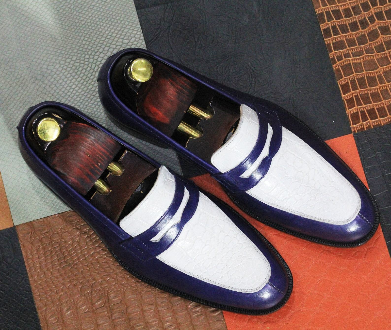Blue & White Alligator Print Leather Loafers – Handmade Men’s Dress Shoes - Image 2