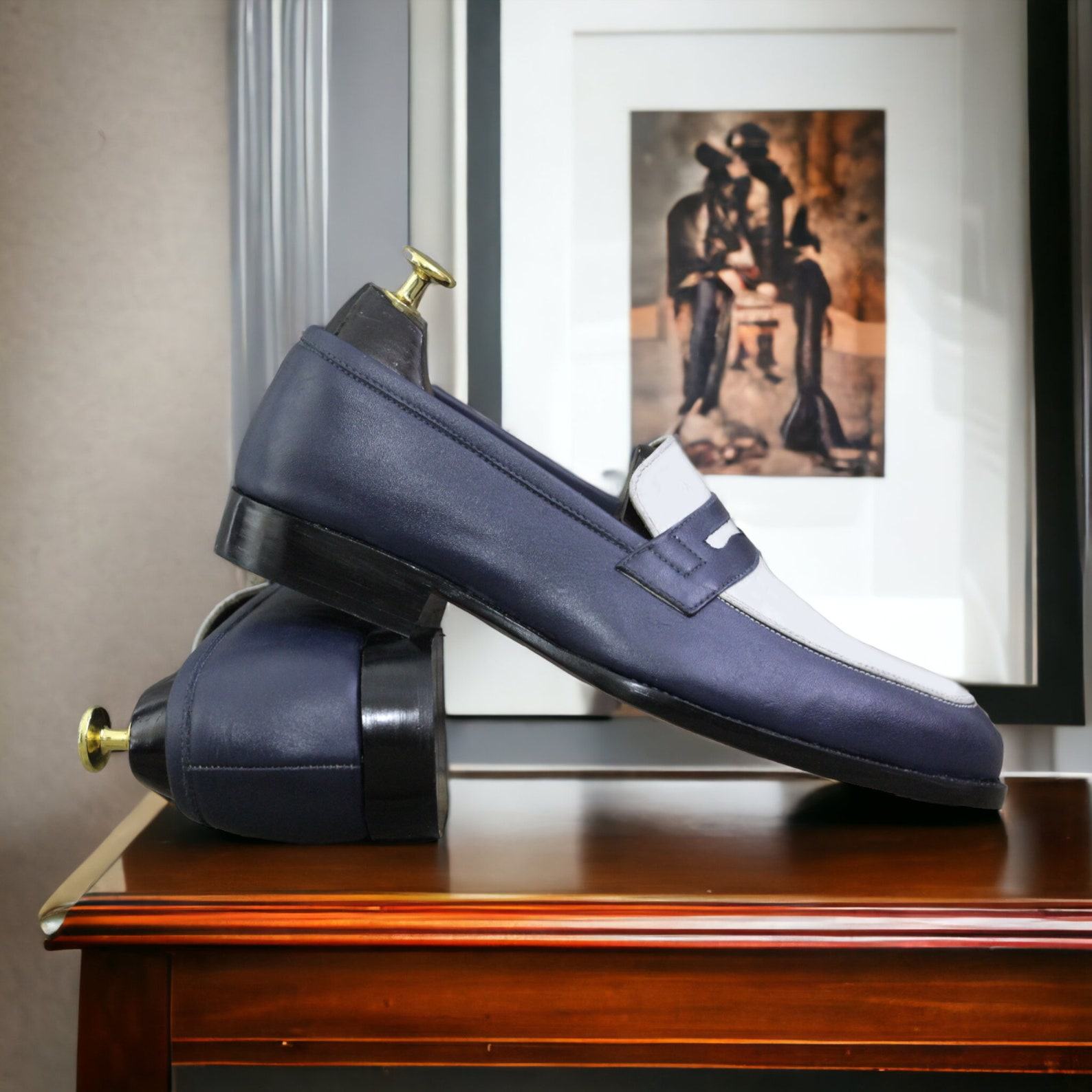 Blue & White Leather Penny Loafers – Handmade Men’s Slip-Ons | Designer Casual Shoes