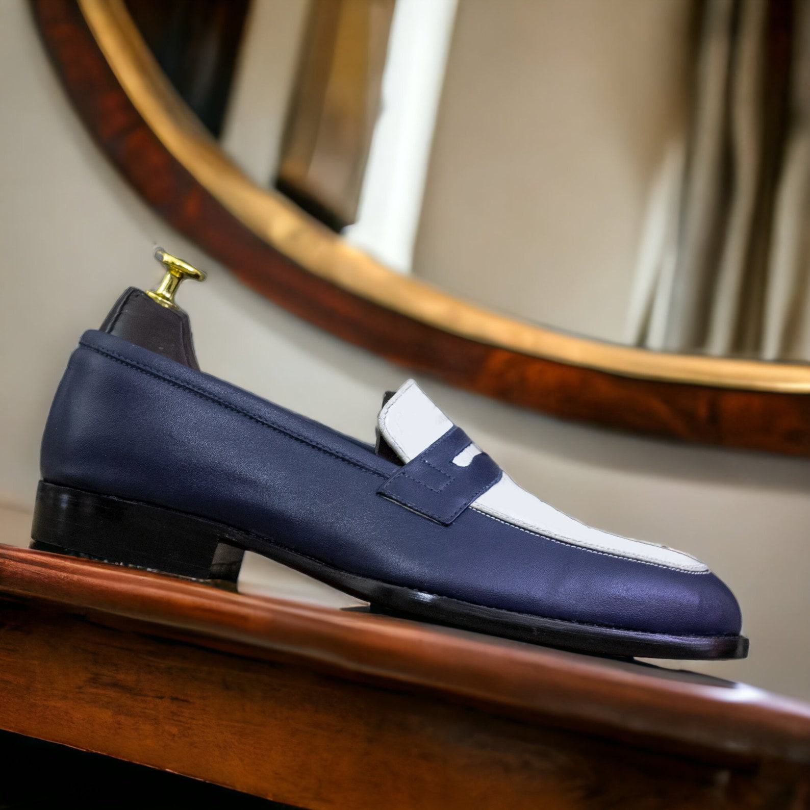 Blue & White Leather Penny Loafers – Handmade Men’s Slip-Ons | Designer Casual Shoes