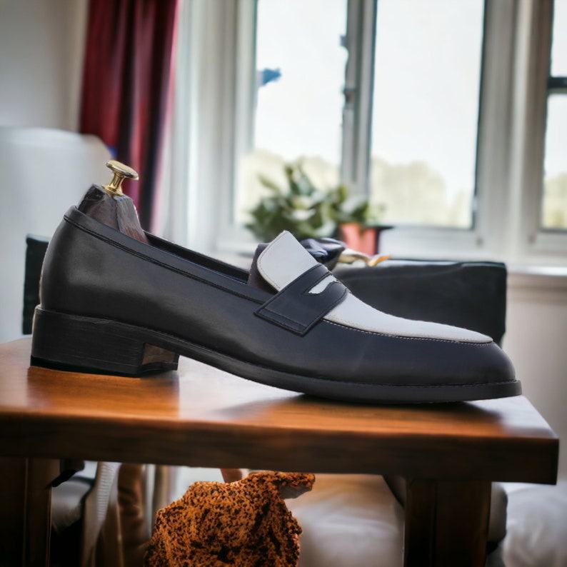 Blue & White Leather Penny Loafers – Handmade Men’s Slip-Ons | Designer Casual Shoes