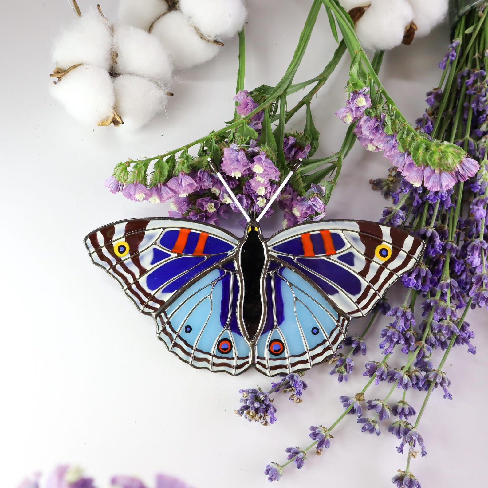 Blue Pansy Butterfly Suncatcher – Stained Glass Window Hanging – Handmade Present for Mom – Modern Home Decor