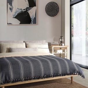 Boho Bliss Navy Blue and Cream Woven Cotton Bedspread for King Size, Perfect for Summer Nights and Mother’s Day