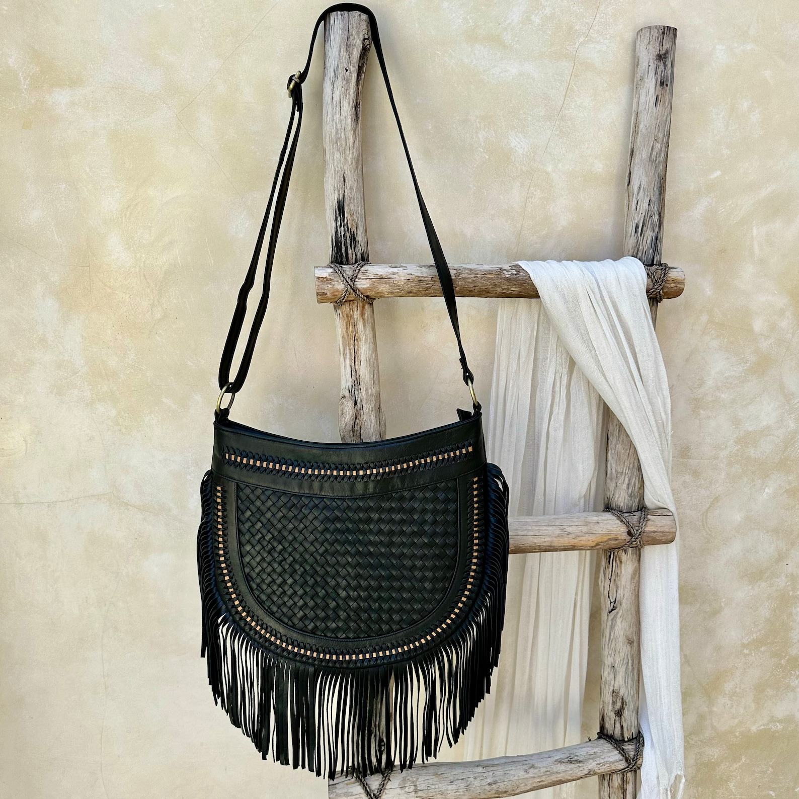 Boho Chic Black Leather Fringe Crossbody Purse for a Touch of Bohemian Style