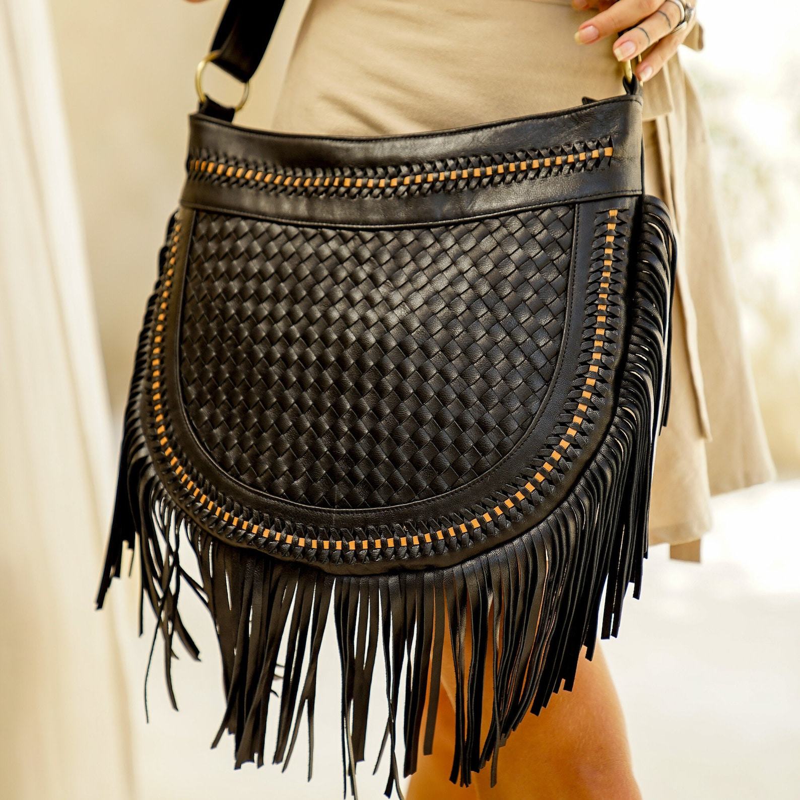 Boho Chic Black Leather Fringe Crossbody Purse for a Touch of Bohemian Style