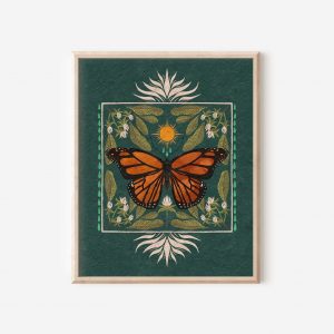 Boho Monarch Butterfly Art Vibrant Floral Folk Art and Butterfly Illustration, Native Milkweed and Sun Insect Wall Decor, Flora and Fauna Print