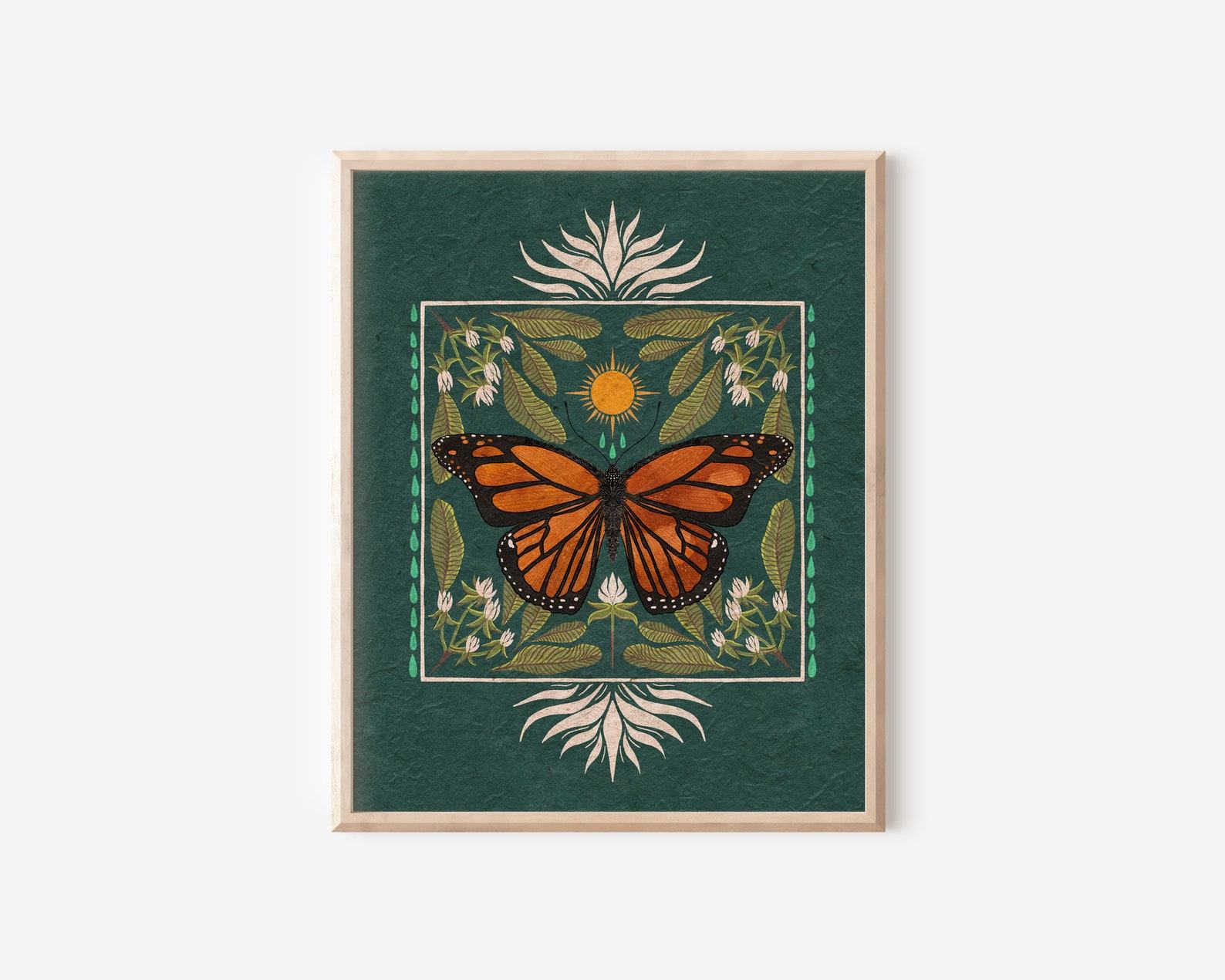 Boho Monarch Butterfly Art Vibrant Floral Folk Art and Butterfly Illustration, Native Milkweed and Sun Insect Wall Decor, Flora and Fauna Print - Image 2