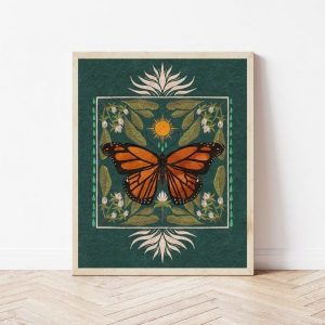 Boho Monarch Butterfly Art Vibrant Floral Folk Art and Butterfly Illustration, Native Milkweed and Sun Insect Wall Decor, Flora and Fauna Print