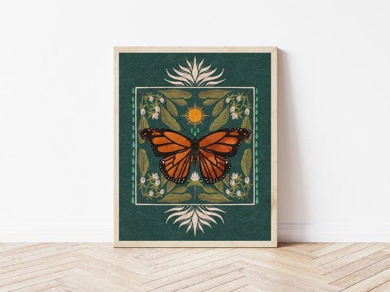 Boho Monarch Butterfly Art Vibrant Floral Folk Art and Butterfly Illustration, Native Milkweed and Sun Insect Wall Decor, Flora and Fauna Print
