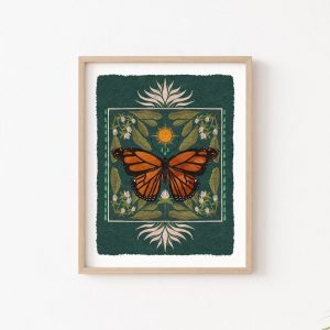 Boho Monarch Butterfly Art Vibrant Floral Folk Art and Butterfly Illustration, Native Milkweed and Sun Insect Wall Decor, Flora and Fauna Print