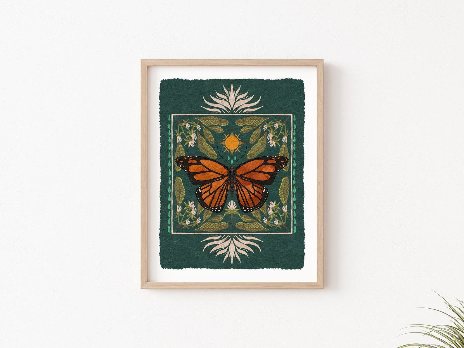 Boho Monarch Butterfly Art Vibrant Floral Folk Art and Butterfly Illustration, Native Milkweed and Sun Insect Wall Decor, Flora and Fauna Print - Image 3
