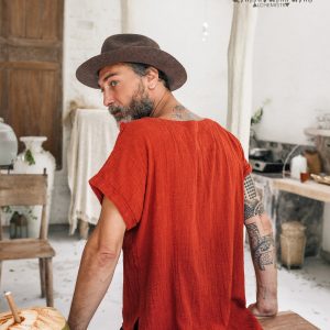Boho T-Shirt Raw Cotton Men’s Asymmetric Tribal Top, Organic Comfy Tunic Tee, Gypsy Hippie Shirt (Red Ochre)