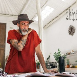 Boho T-Shirt Raw Cotton Men’s Asymmetric Tribal Top, Organic Comfy Tunic Tee, Gypsy Hippie Shirt (Red Ochre)