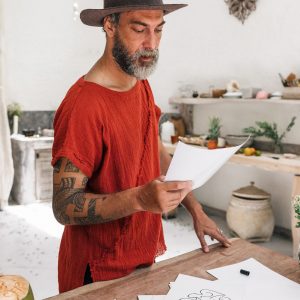 Boho T-Shirt Raw Cotton Men’s Asymmetric Tribal Top, Organic Comfy Tunic Tee, Gypsy Hippie Shirt (Red Ochre)