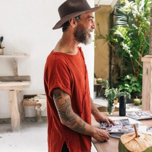 Boho T-Shirt Raw Cotton Men’s Asymmetric Tribal Top, Organic Comfy Tunic Tee, Gypsy Hippie Shirt (Red Ochre)