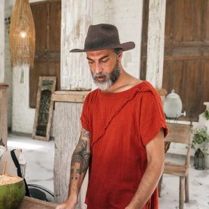 Boho T-Shirt Raw Cotton Men’s Asymmetric Tribal Top, Organic Comfy Tunic Tee, Gypsy Hippie Shirt (Red Ochre)