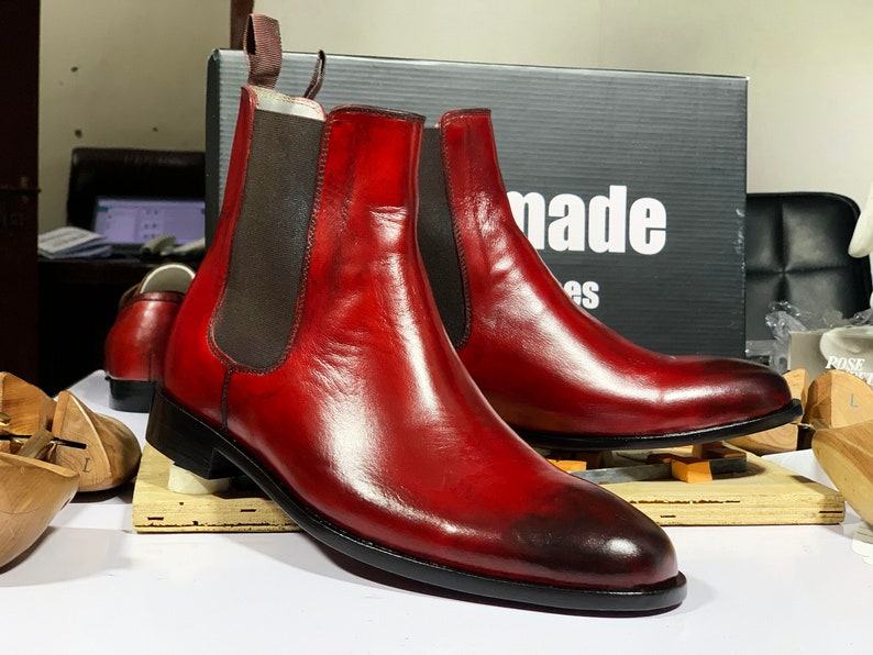 Burgundy Chelsea Boots Handmade Goodyear Welted Leather Ankle Boots for Men