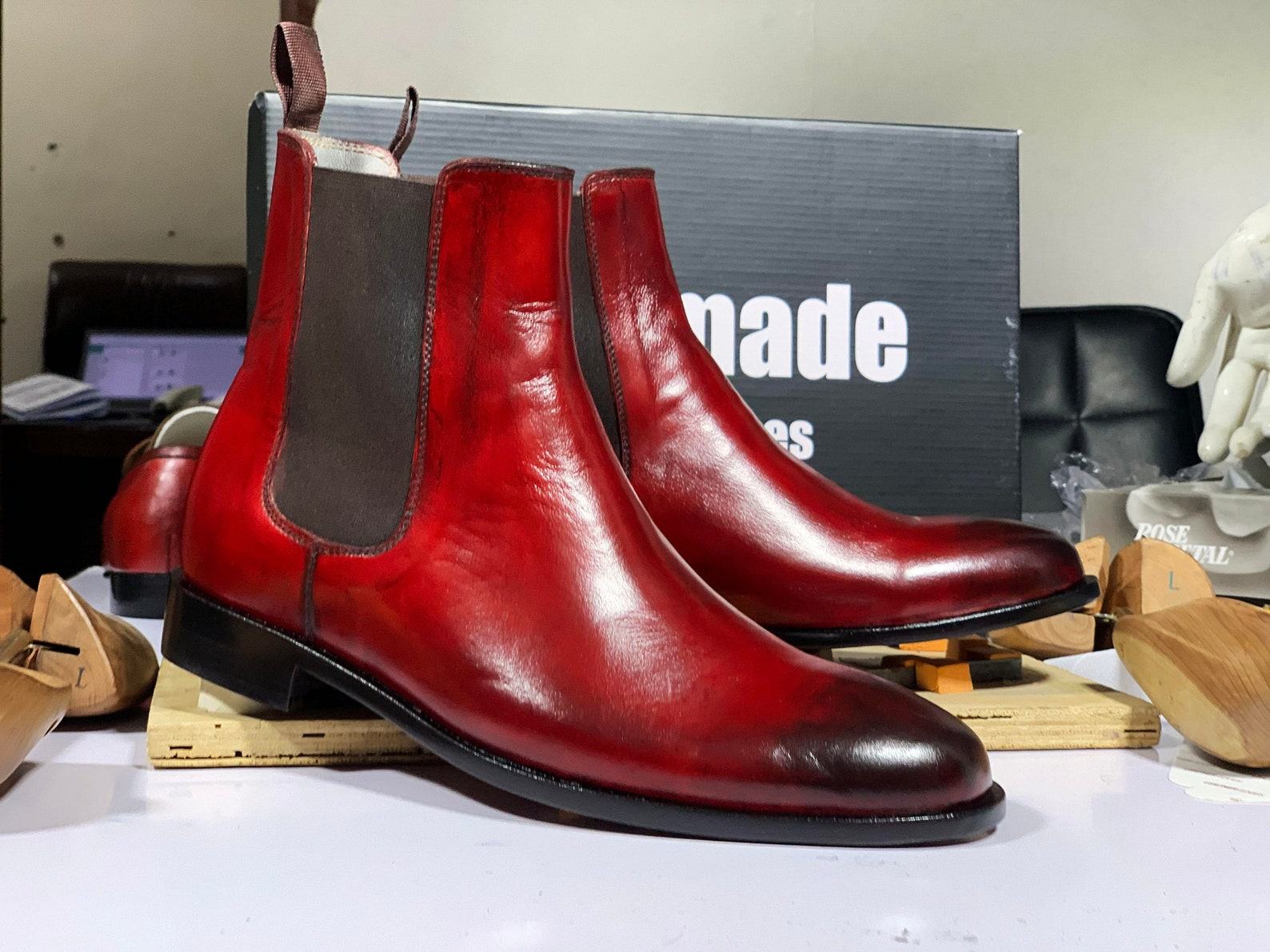 Burgundy Chelsea Boots Handmade Goodyear Welted Leather Ankle Boots for Men - Image 2