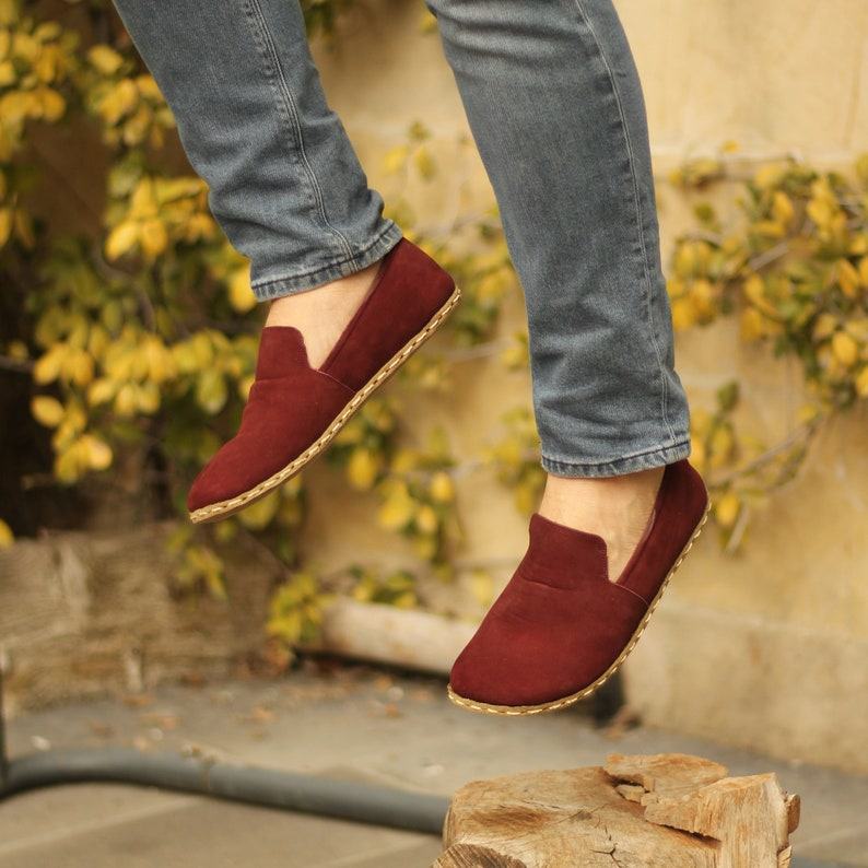 Burgundy Nubuck Grounding Shoes for Men  Wide Toe, Leather Sole, Copper Infused Earth Shoes
