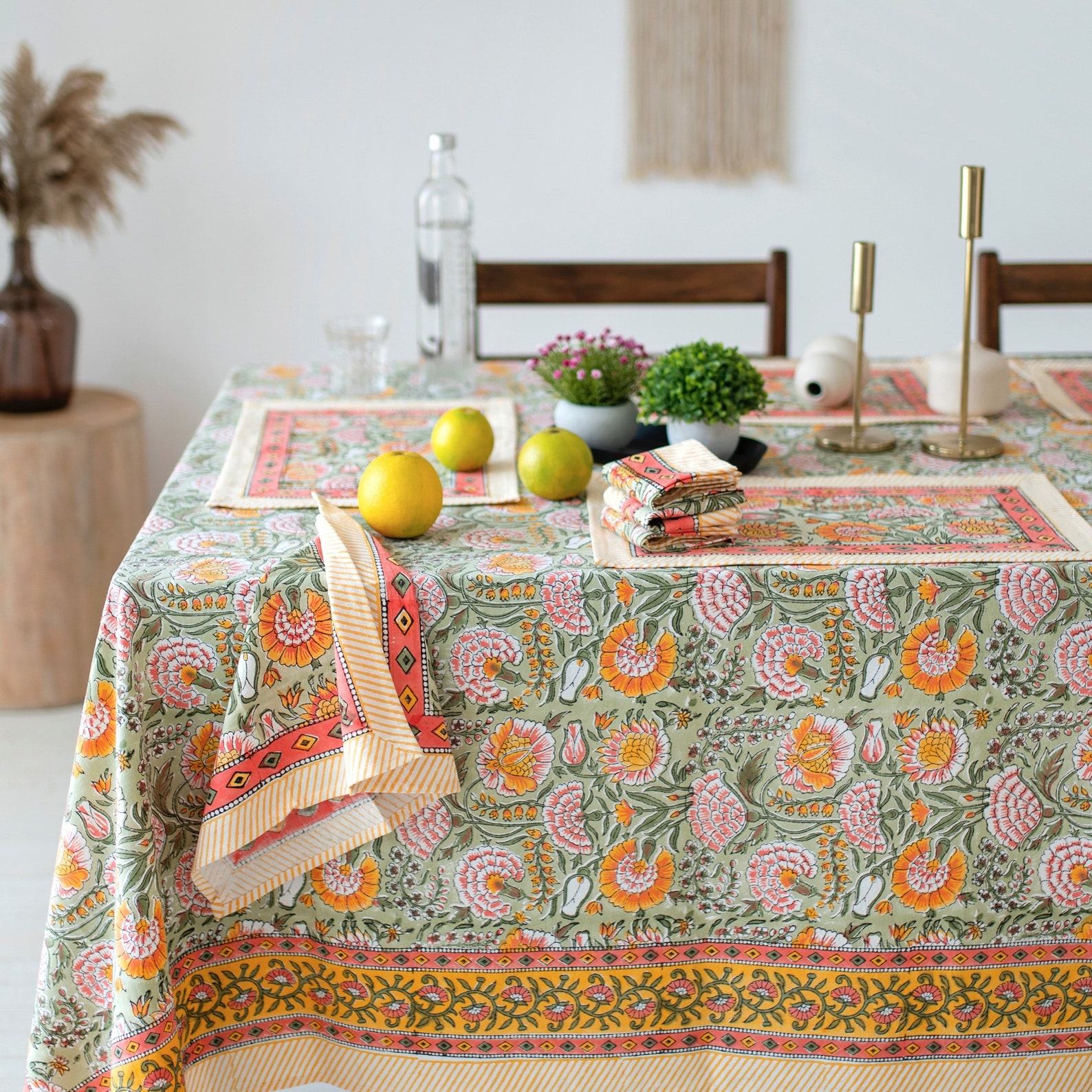 Burnt Orange and Olive Green Floral Indian Hand Block Printed Rectangle Tablecloth A Bohemian Tapestry for Your Dining Table
