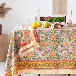Burnt Orange and Olive Green Floral Indian Hand Block Printed Rectangle Tablecloth A Bohemian Tapestry for Your Dining Table