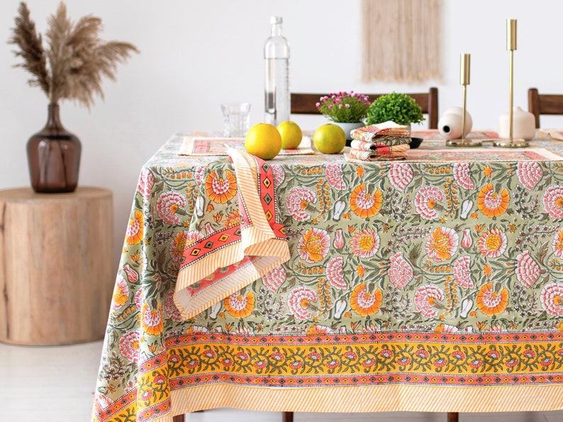 Burnt Orange and Olive Green Floral Indian Hand Block Printed Rectangle Tablecloth A Bohemian Tapestry for Your Dining Table