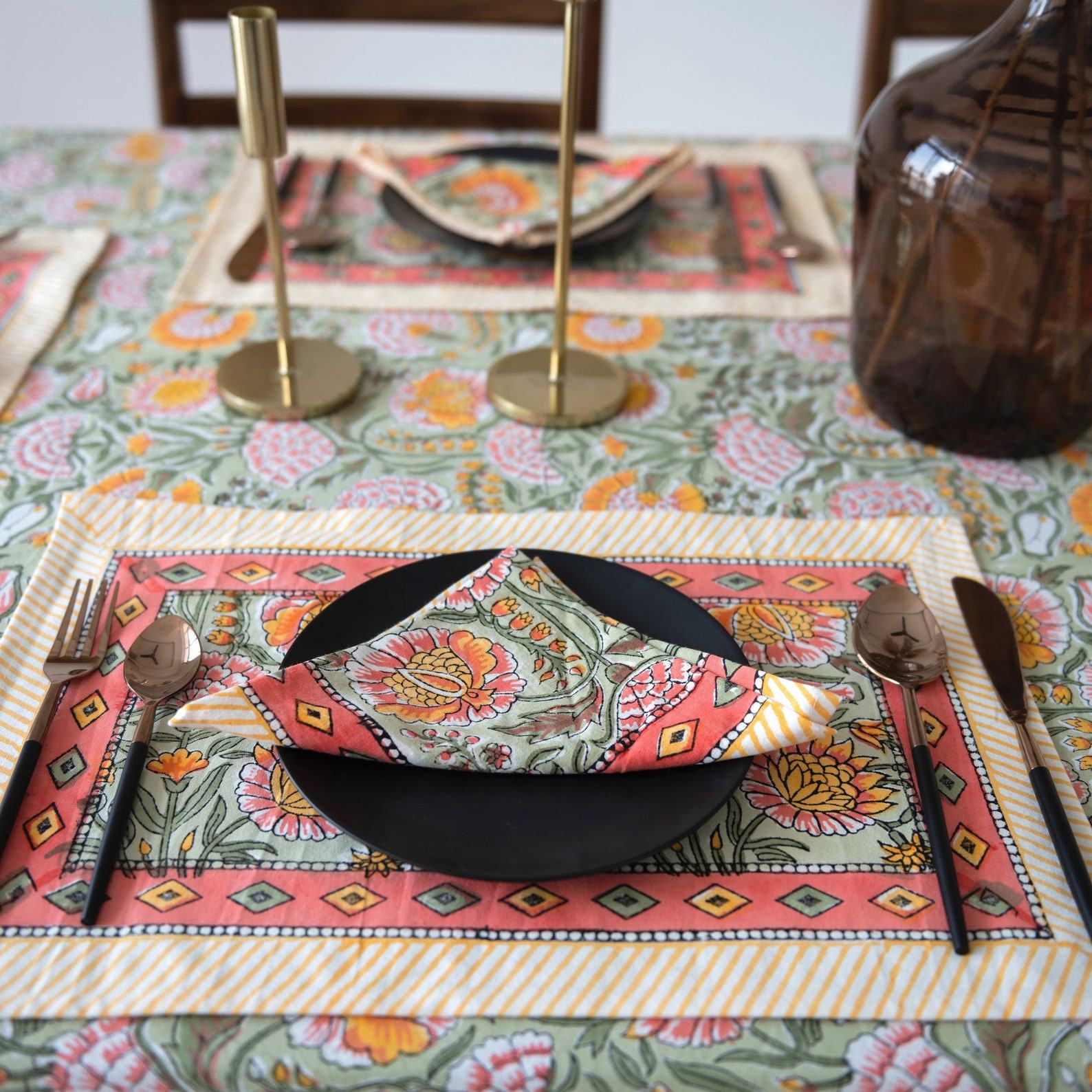 Burnt Orange and Olive Green Floral Indian Hand Block Printed Rectangle Tablecloth A Bohemian Tapestry for Your Dining Table