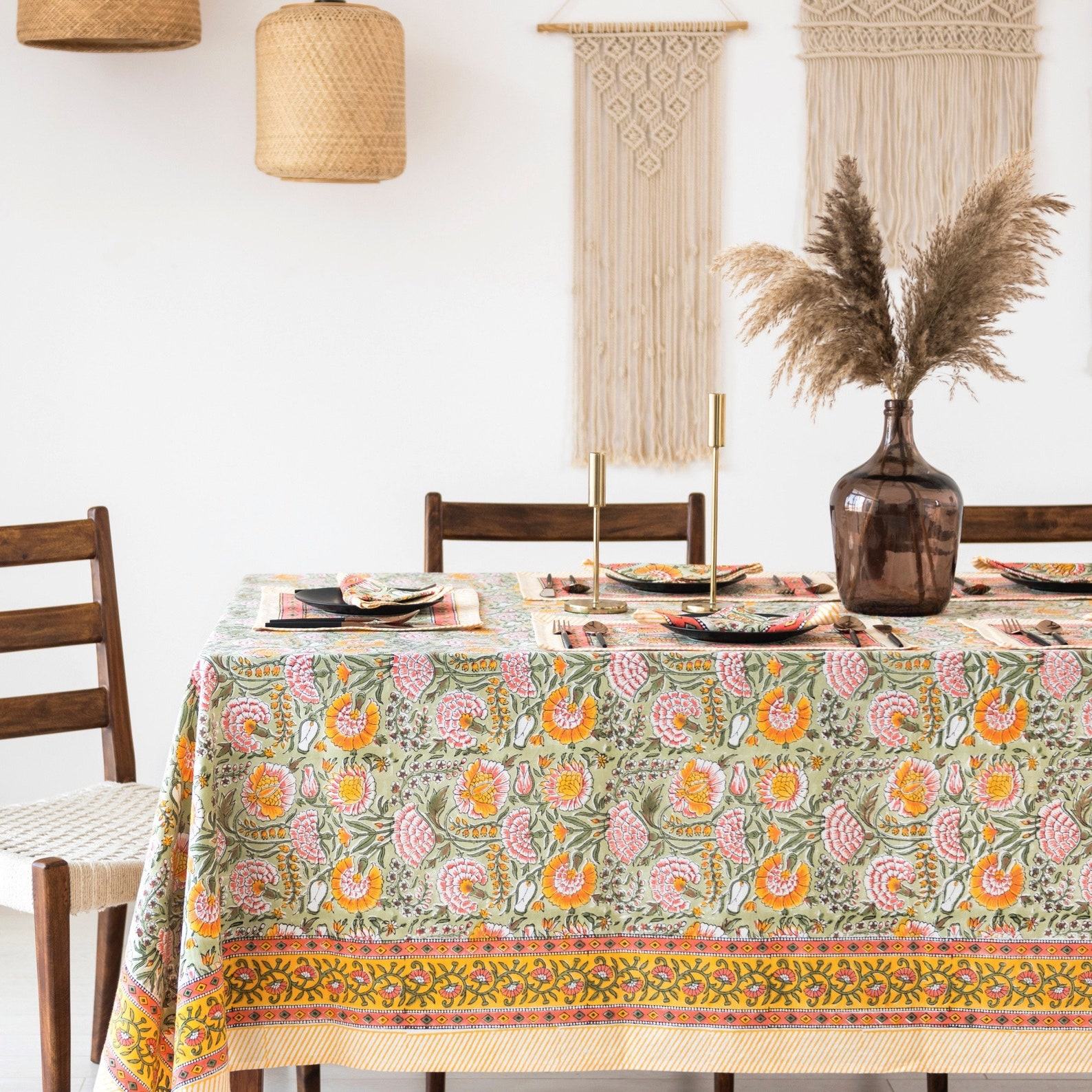 Burnt Orange and Olive Green Floral Indian Hand Block Printed Rectangle Tablecloth A Bohemian Tapestry for Your Dining Table