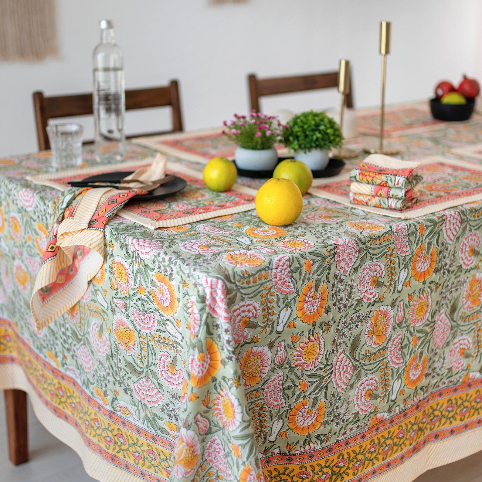Burnt Orange and Olive Green Floral Indian Hand Block Printed Rectangle Tablecloth A Bohemian Tapestry for Your Dining Table