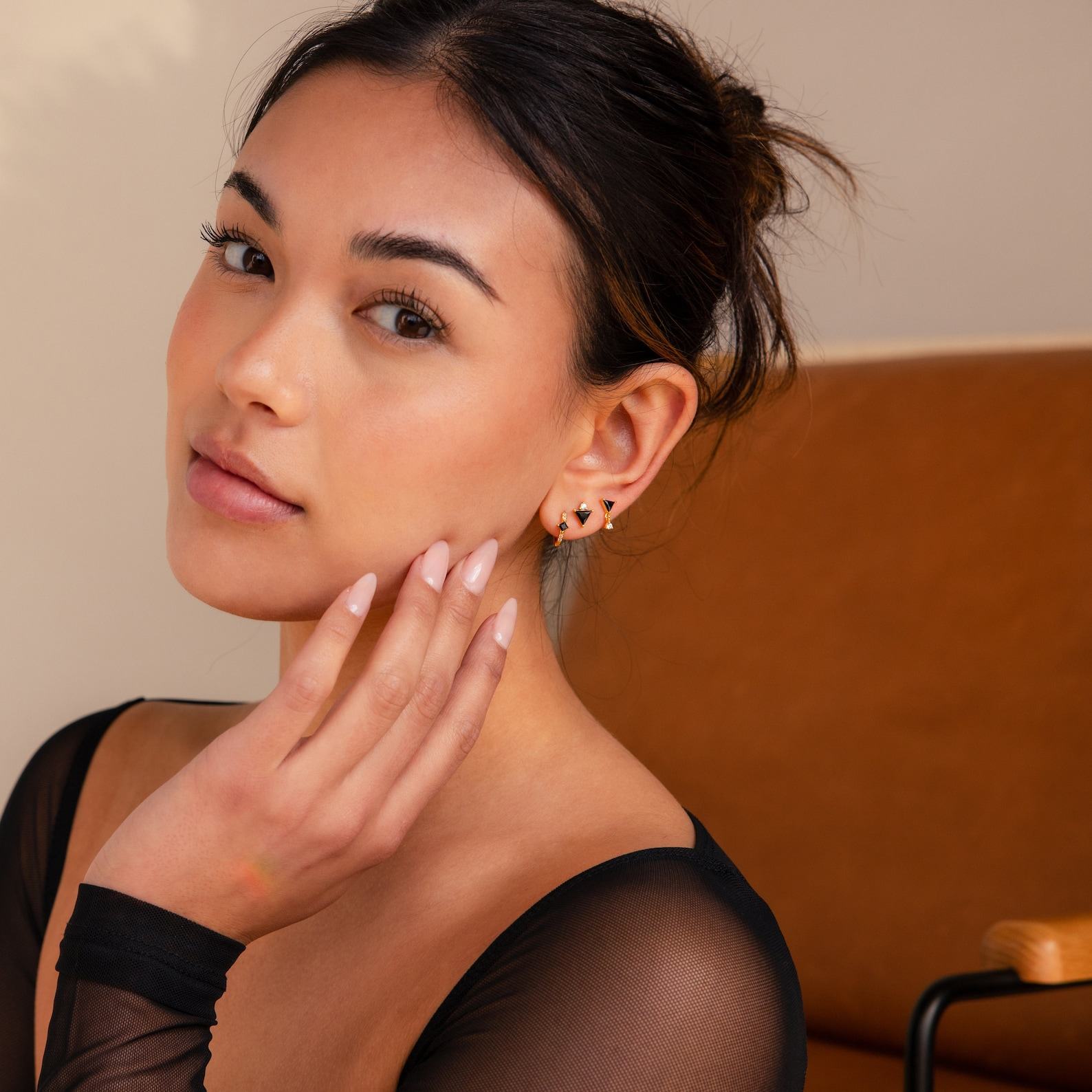 Caitlyn Minimalist Black Gemstone Triangle Earring Set Pave Diamond Hoop, Stud Earring