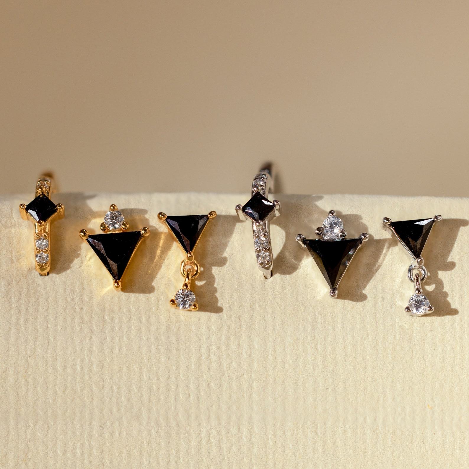 Caitlyn Minimalist Black Gemstone Triangle Earring Set Pave Diamond Hoop, Stud Earring