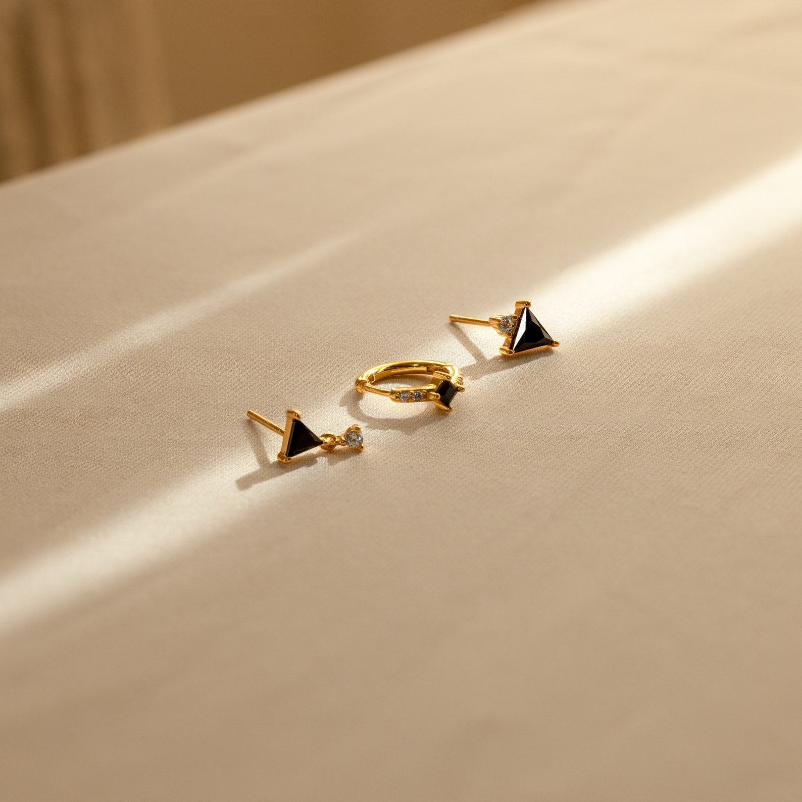 Caitlyn Minimalist Black Gemstone Triangle Earring Set Pave Diamond Hoop, Stud Earring