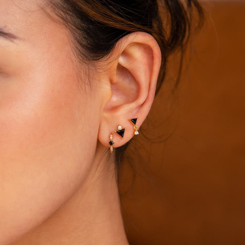 Caitlyn Minimalist Black Gemstone Triangle Earring Set Pave Diamond Hoop, Stud Earring