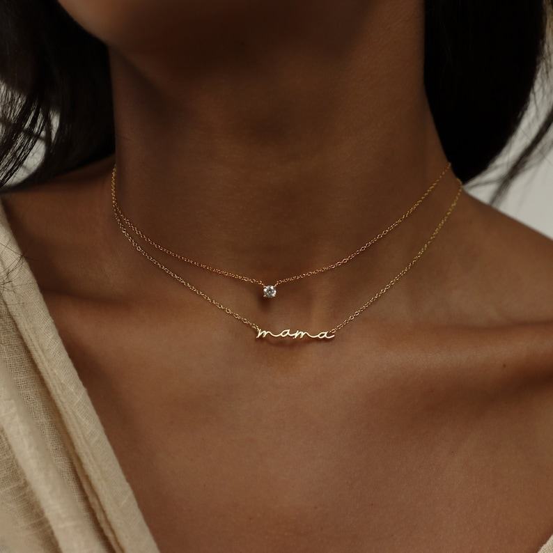 Caitlyn Minimalist Dainty Mama Necklace Sterling Silver or Gold, Perfect for Moms