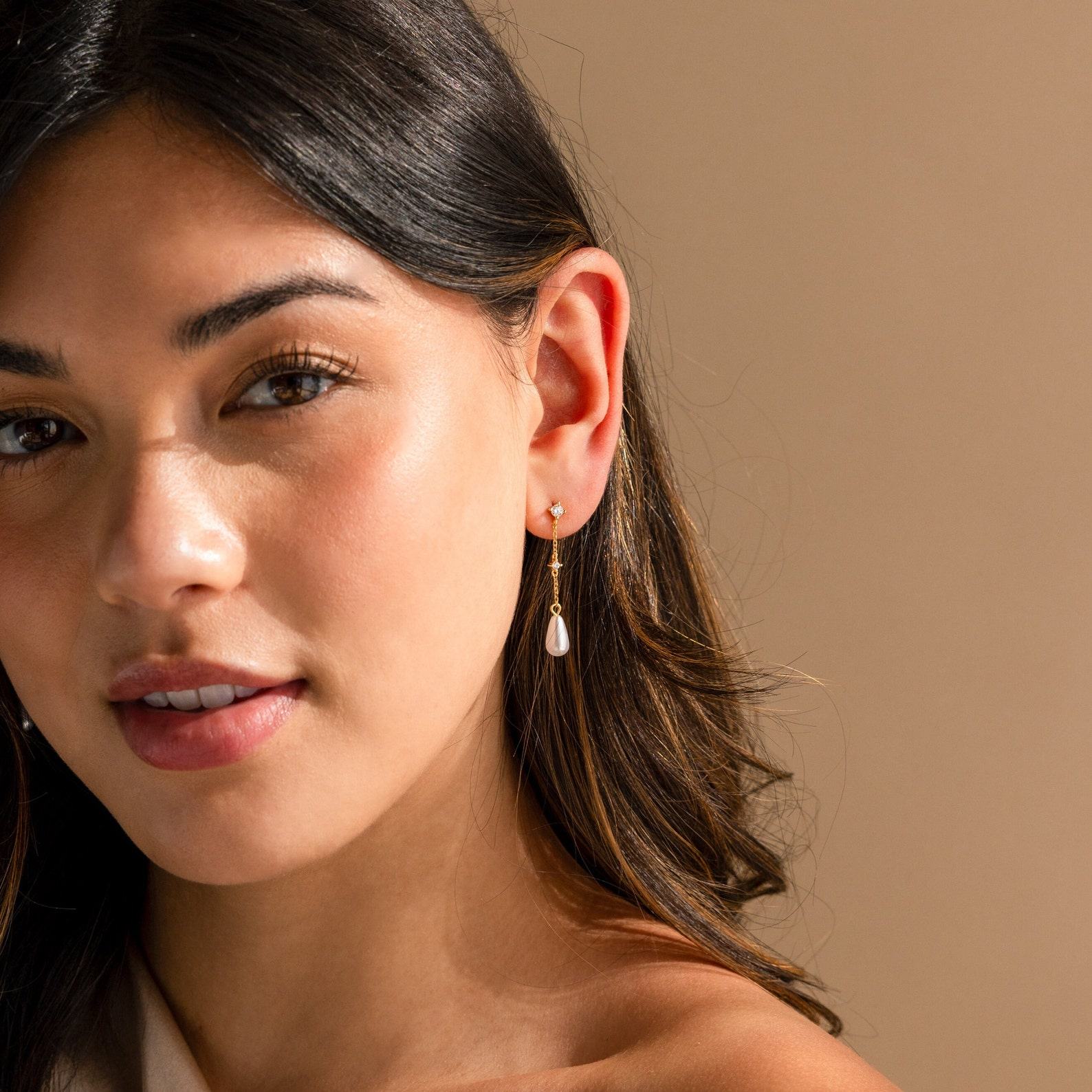 Caitlyn Minimalist Diamond Pearl Chain Earrings Shimmering Elegance for Every Occasion