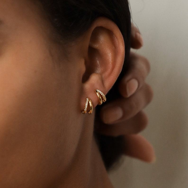 Caitlyn Minimalist Double Hoop Huggie Earrings Pave Gold Huggie Hoops with Diamonds for Bridesmaids and Weddings (ER119)