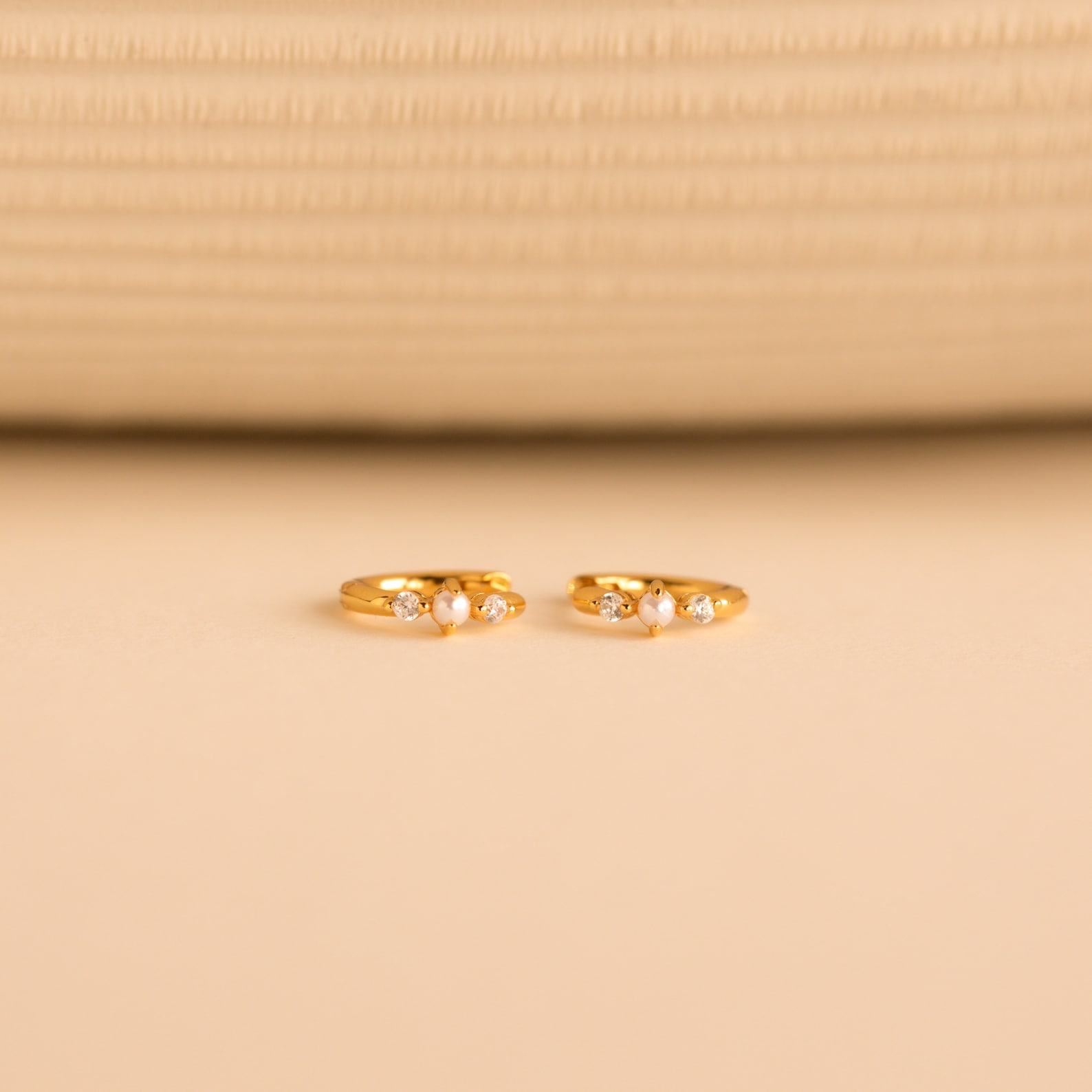 Caitlyn Minimalist Pearl Diamond Huggies Dainty Diamond Earrings in Gold for Weddings and Items (ER369)