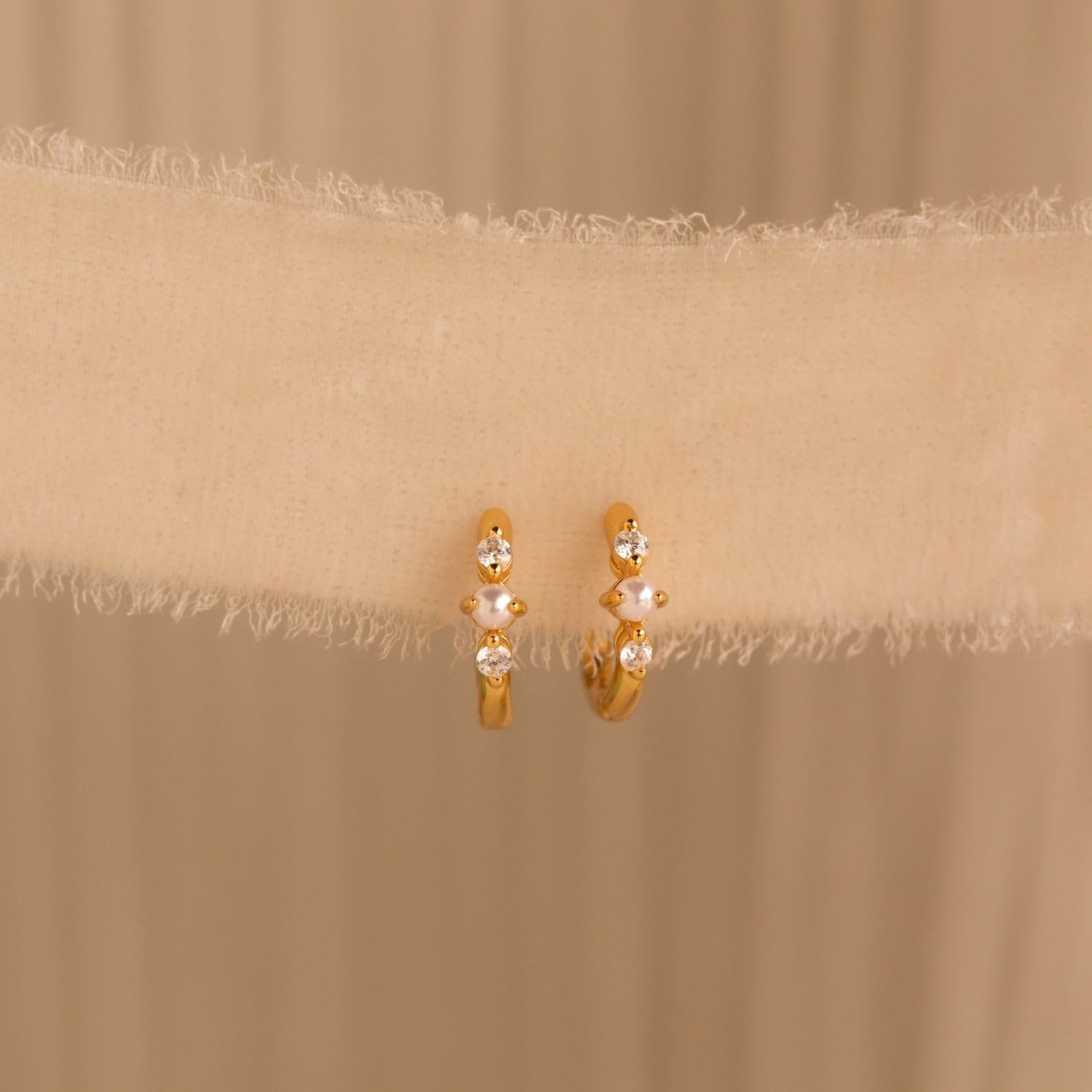 Caitlyn Minimalist Pearl Diamond Huggies Dainty Diamond Earrings in Gold for Weddings and Items (ER369)