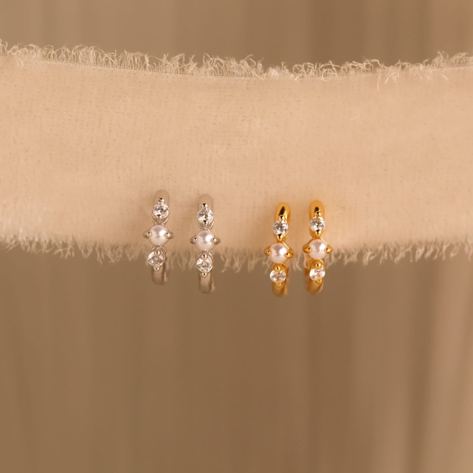 Caitlyn Minimalist Pearl Diamond Huggies Dainty Diamond Earrings in Gold for Weddings and Items (ER369)