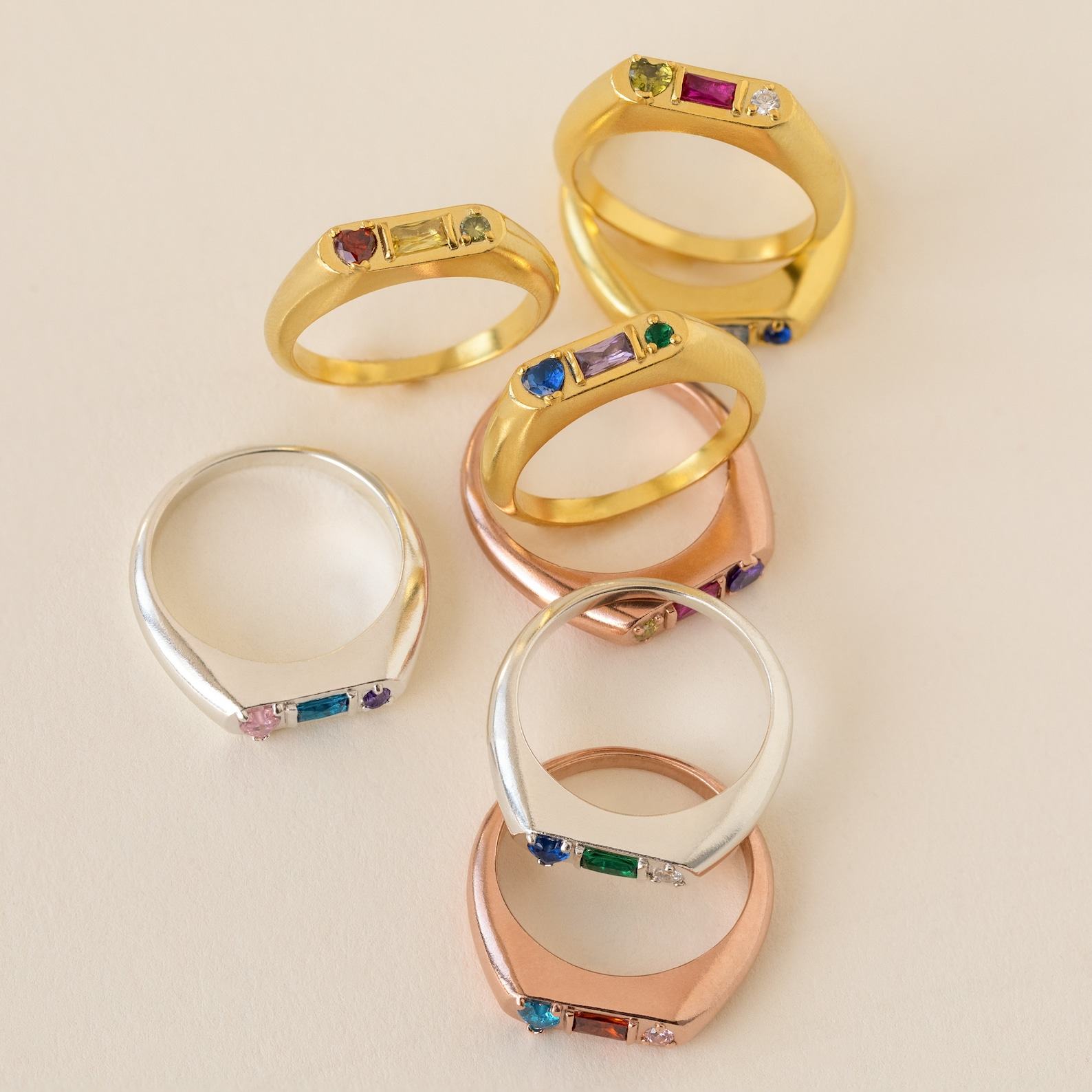 Caitlyn Minimalist’s Custom Gemstone Signet Ring Birthstone Ring with Heart, Baguette